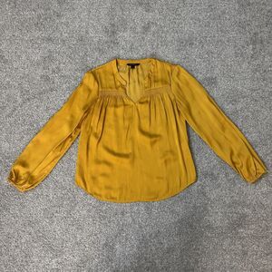 Banana Republic Blouse Womens XS Yellow Satin V Neck Long Sleeve Shirred Top